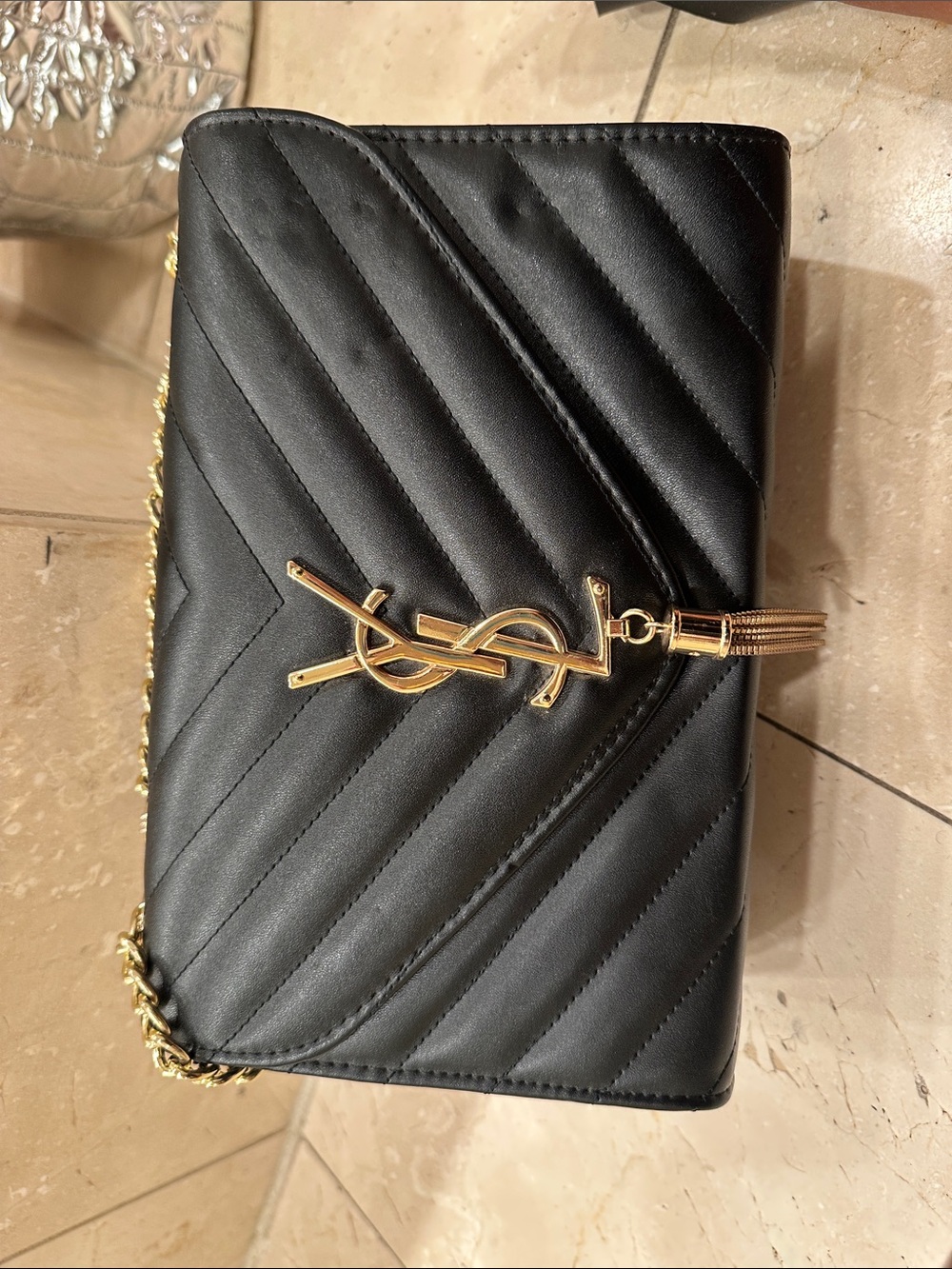 Saint Laurent Black Quilted Leather Crossbody with Gold YSL Tassel